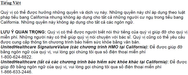 California notice of language assistance in Vietnamese language