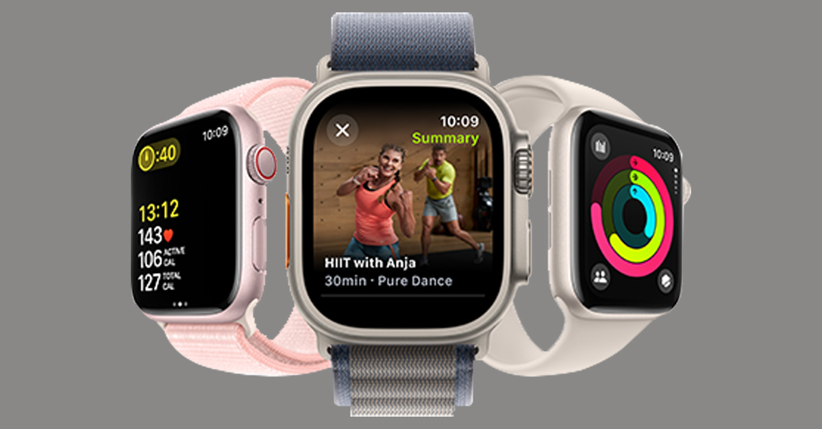 Three Apple Watches depicting fitness screen