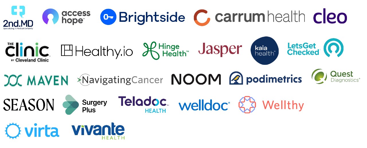 Logos for: 2nd.MD, cleo, The Clinic by Cleveland Clinic, Hinge Health, Jasper, Kaia health, Lets Get Checked,  Livongo, Maven, NavigatingCancer, Quest Diagnostics, SEASON, Surgery Plus, welldoc, Healthy.io and Wellthy