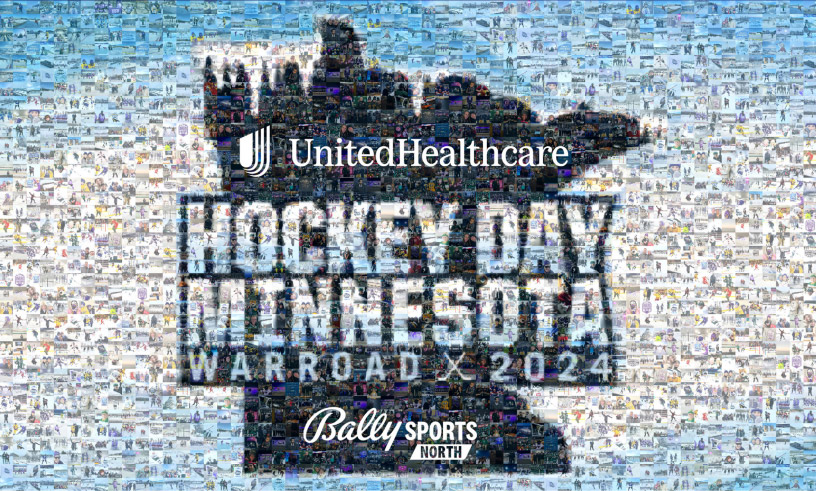 Hocky Day Minnesota Warroad 2024 Mosaic Image with UnitedHealthcare and Bally Sports North Logo